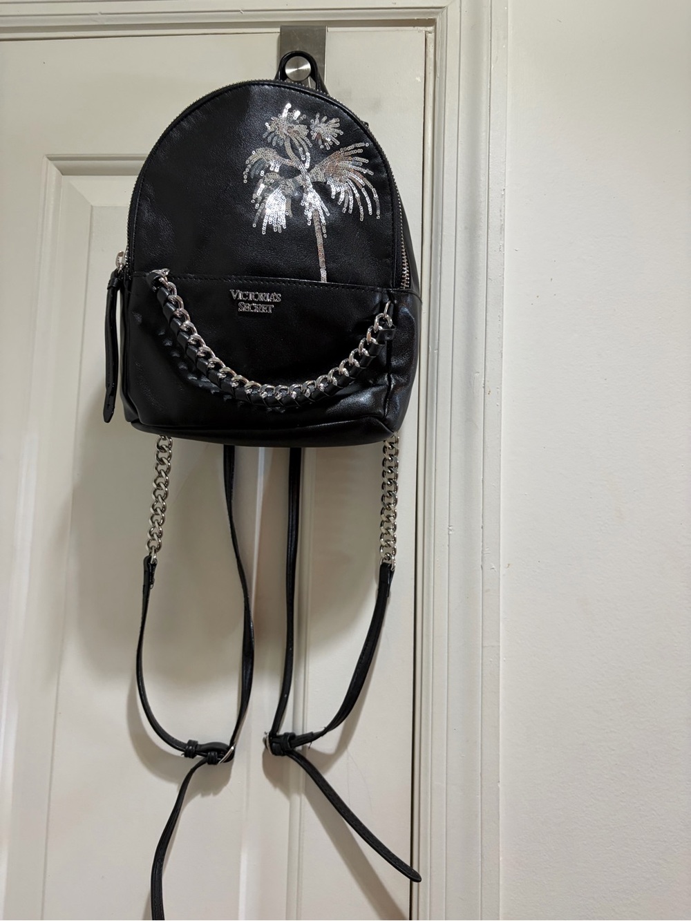 Victoria's Secret Black Mini Backpack with Silver Chain and Palm Accent - Picture 8 of 16